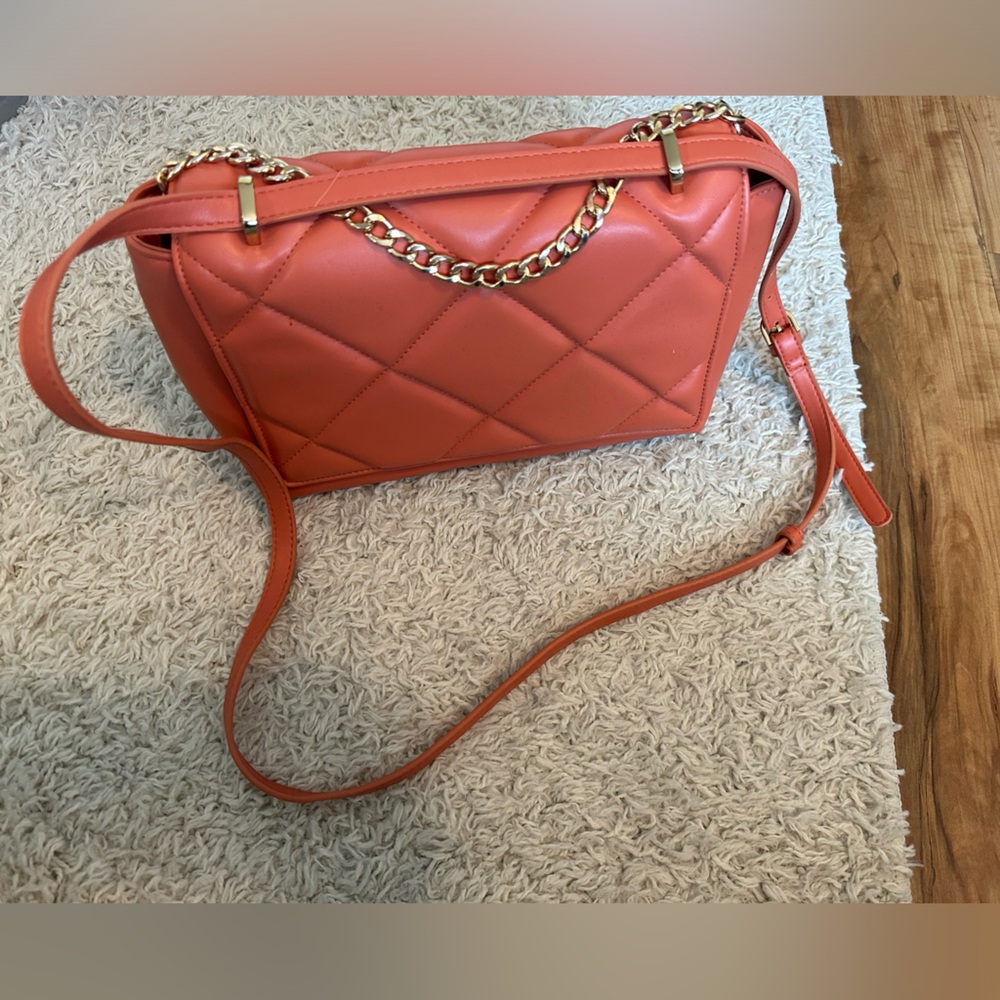 A New Day Coral purse with Gold embellishments, horseshoe clip close.